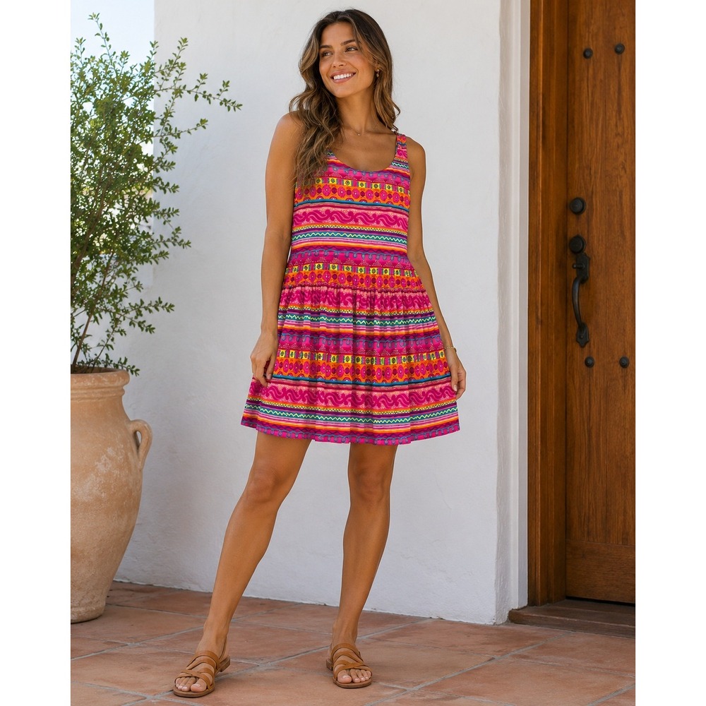Vintage Bechamel Colorful Boho Dress Retro Tribal Print Sleeveless Sundress 3X